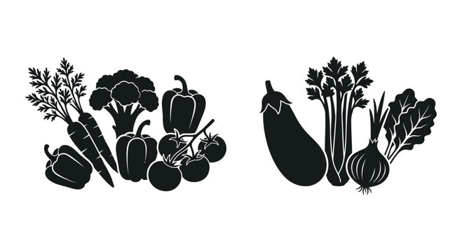 Vegetable Collection In Black Silhouette aubergine beetroot bell pepper broccolini