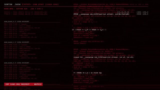 Red Hacker Terminal Screen With Assembly Code And Memory Address Blocks Animation.