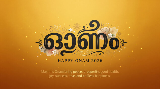 Happy Onam 2026 Greeting Banner with Elegant Malayalam Typography on Golden Background for Festival Celebration