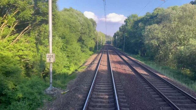 Real 4k footage of train rear window view, railway tracks from back of train POV, stunning scenery in central europe