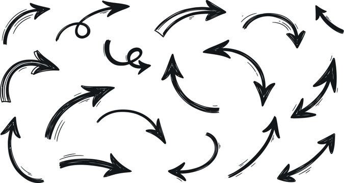 Hand drawn arrow doodle set with black sketch ink pointers and brush stroke curves for creative presentation layout elements