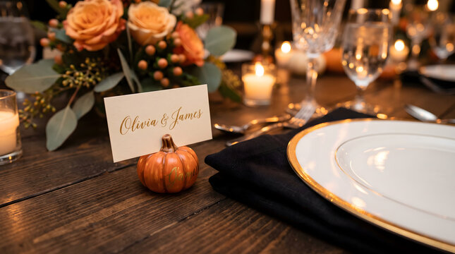 Elegant wedding table setting with pumpkin place card holder