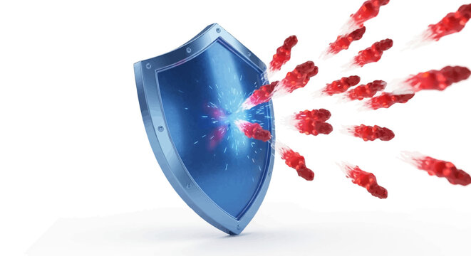 Blue shield protecting against virus and cyber attack