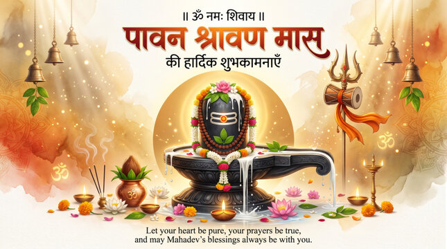 Sacred Shravan Maas Greeting Banner with Shiva Lingam Trishul and Devotional Hindu Festival Celebration Design