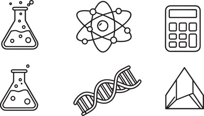 Fototapeta premium Science Research and STEM Education Icons, Minimalist Lab Flask Atom DNA Calculator Line Art Vector Set