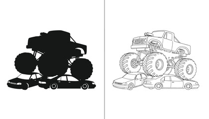 Monster Truck Black and White Line Art and Silhouette Design Pushing Down on Three Cars © Lamieya2
