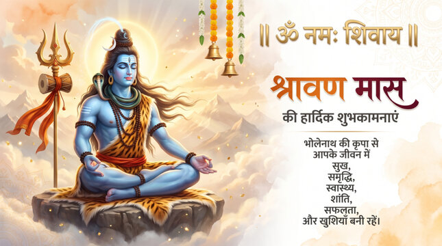 Sacred Shravan Maas Greeting Banner with Meditating Lord Shiva and Devotional Quote for Hindu Festival Design