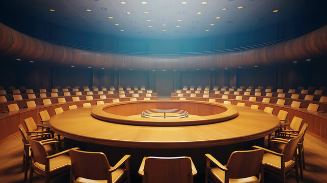 empty conference room, circular table, meeting space, business interior