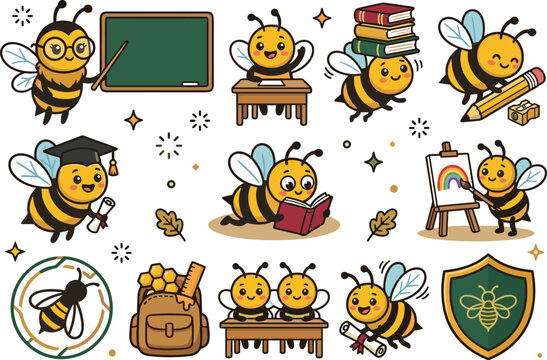 Cute Cartoon Bee Back to School Vector Icon Set Featuring Student Bumblebees Classroom Desks Blackboards Graduation Caps Art Easels and Academy Shield Badges