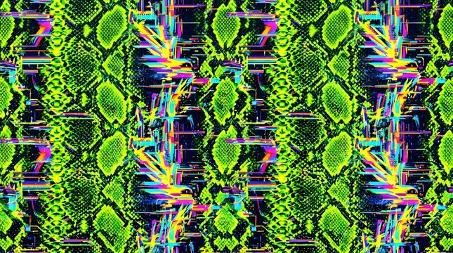 Neon Acid Lime Python Skin and Holographic Glitch Hybrid Seamless Pattern
