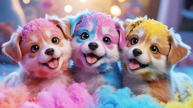 Colorful puppies, cute dogs, playful pets, Holi celebration