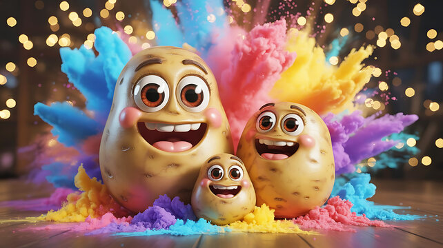 Colorful cartoon potatoes, smiling faces, vibrant powder explosion, whimsical illustration, happy family