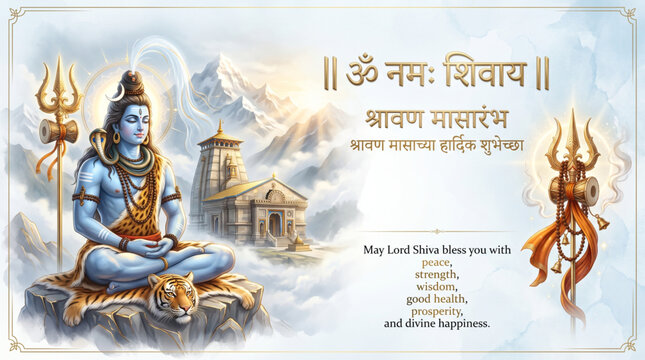 Shravan Maas Greeting Banner with Meditating Lord Shiva Trishul and Himalayan Temple for Hindu Festival Design