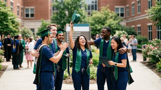 Diverse team of medical residents celebrating graduation milestone genuine joy hospital courtyard authentic candid - Diverse Healthcare Team Collaboration Stock Photo