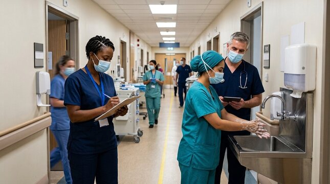 Diverse infection prevention nurses conducting hand hygiene audit hospital ward walkthrough authentic professional - Diverse Healthcare Team Collaboration Stock Photo