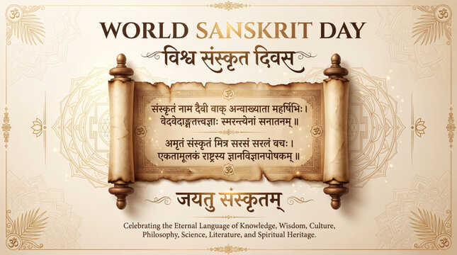 World Sanskrit Day Greeting Banner with Ancient Sanskrit Scroll and Traditional Calligraphy for Cultural Celebration Design
