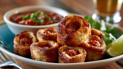 Fototapeta premium Crispy fried stuffed potato bites with tomato dipping sauce appetizer delicious culinary
