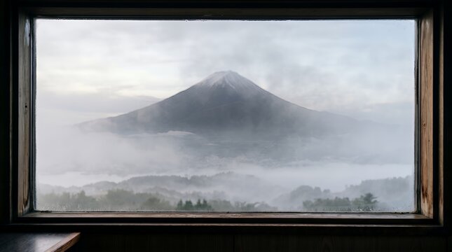 Majestic Mount Fuji shrouded in mist, framed by a rustic window.