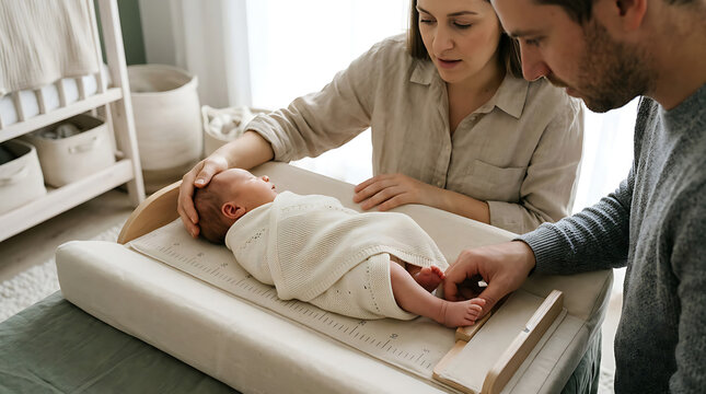 Loving parents measuring their newborn baby's length at home