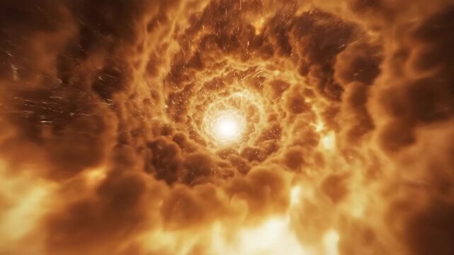 Cosmic vortex of glowing golden and orange nebular clouds swirling around a bright central white light source with radiating energy streaks and stellar particles in deep space.