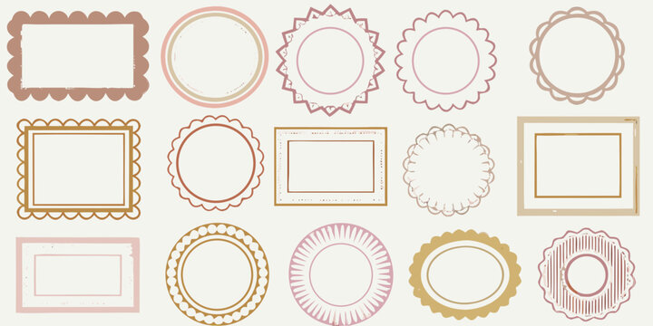 vintage decorative frames in elegant line art style shapes ovals rectangles scalloped border ornate pattern illustration vector graphic design retro aesthetic