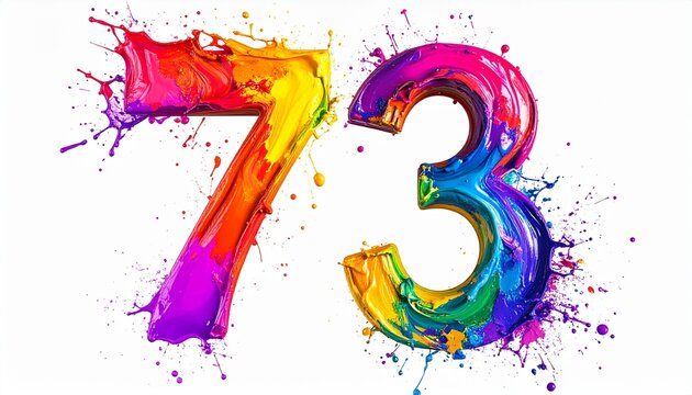 Vibrant colorful paint splashes create numbers seventy three on white background