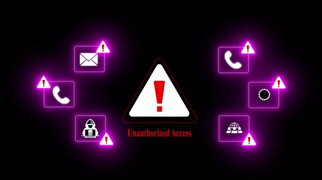 Unauthorized Access Alert Warning Message Attack on World map. Wire frame Radar Network Seamless loop Motion Background. UI Elements HUD Sci Fi interface. Dives hacking concept.