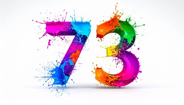 Vibrant colorful paint splashes decorate huge number seventy three on white