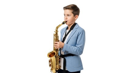 Fototapeta premium Talented Young Boy in Blue Blazer Playing Golden Saxophone Isolated on White Background