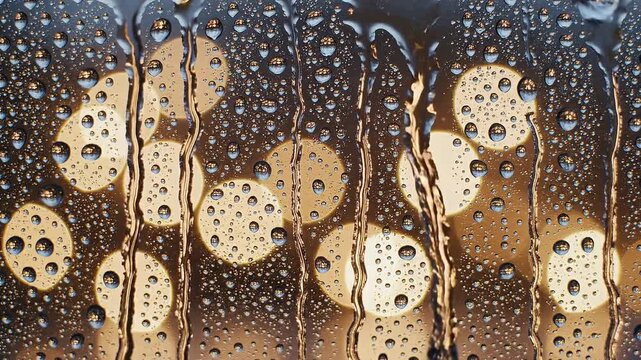 Water droplets on a dirty window with blurry city lights shining through at night in 4k quality Video for better seo rankings and sales