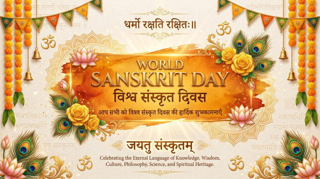 World Sanskrit Day Greeting Banner with Floral Decoration Sacred Diya and Peacock Feathers for Cultural Celebration