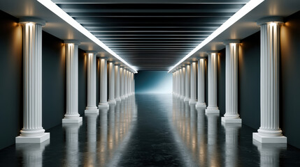 Obraz premium Symmetrical corridor with white classical columns, dark reflective floor, modern ceiling lights, and cold silver ambiance, futuristic mood