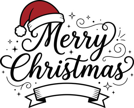 Handdrawn merry christmas greeting with santa hat and decorative scroll banner