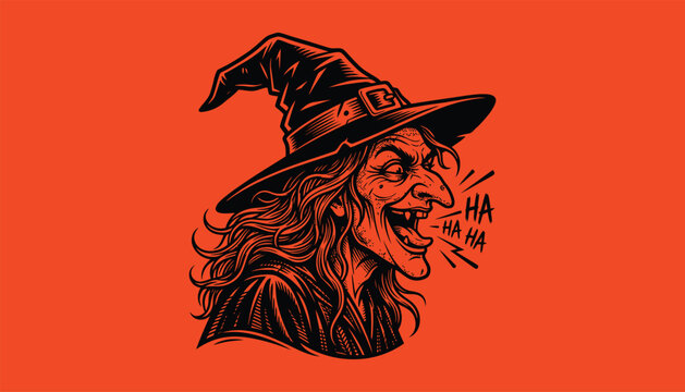 Witch laughing maniacally with a wide grin and pointed hat against a vivid background