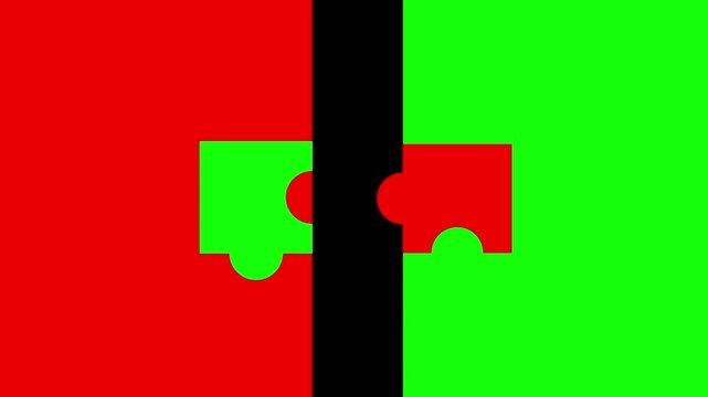 Animation Two interlocked puzzle pieces in contrasting red and green on a divided background. Animated Video 4K