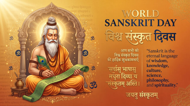World Sanskrit Day Greeting Banner with Ancient Sage Holding Manuscript Hindi Typography for Cultural Celebration Design