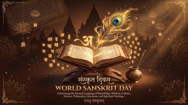 World Sanskrit Day Greeting Banner with Open Sacred Book Peacock Feather Quill and Temple Silhouette Background