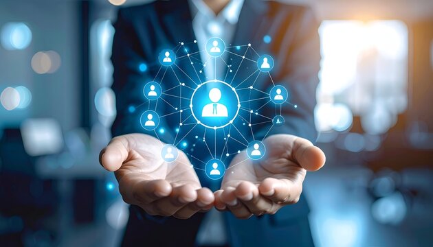 Businessperson holding a digital network of connected user icons, representing communication, leadership, teamwork, human resources, and professional collaboration.