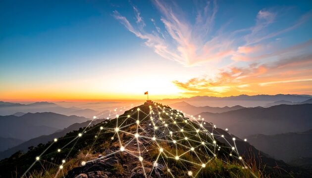 Red flag stands atop a mountain peak. Golden light bathes the horizon, sky blending orange