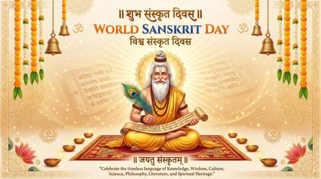 World Sanskrit Day Greeting Banner Featuring Ancient Sage with Sacred Manuscript Hindi Typography for Cultural Celebration