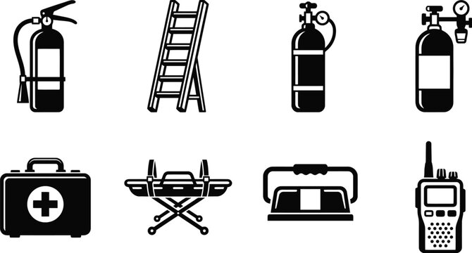 Emergency equipment icon set containing black and white safety symbols like fire extinguisher stretcher and radio