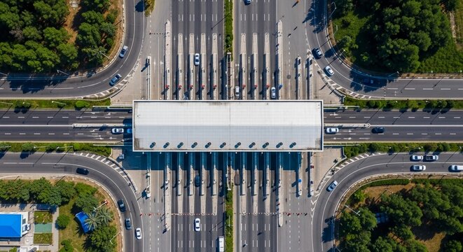 Aerial view of a busy highway toll plaza with cars navigating lanes during peak traffic congestion