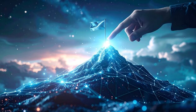 Human finger placing a flag on the peak of a glowing digital mountain, symbolizing achievement, innovation, strategic goals, and success in futuristic technology.