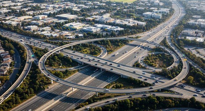 Aerial view of a complex highway interchange with significant traffic congestion during the day