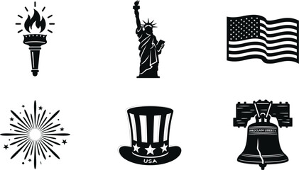 Naklejka premium Vector patriotic USA icons with Statue of Liberty, American flag, Liberty Bell, and celebration symbols