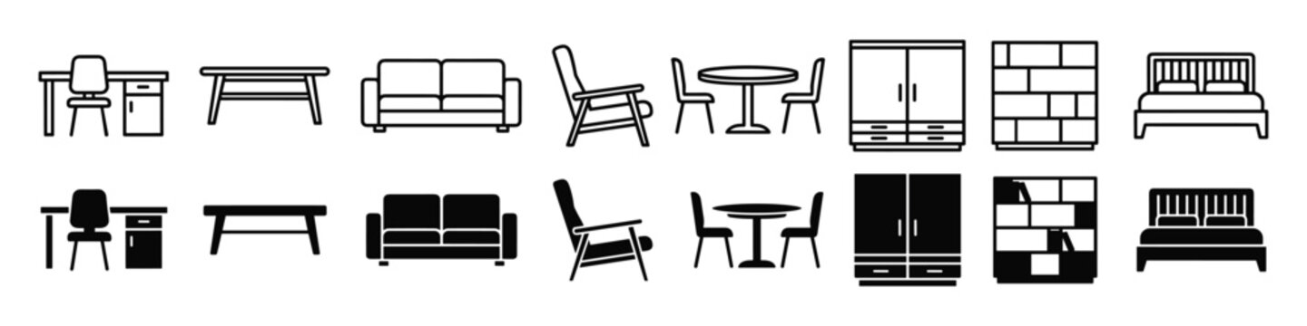 Furniture icon set for interior design including sofa table bed desk
