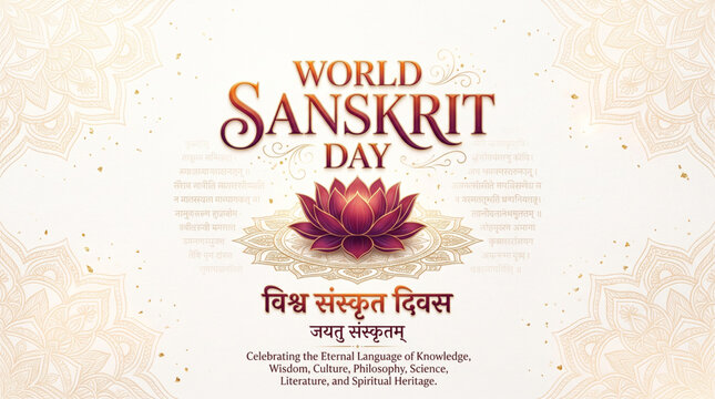 World Sanskrit Day Greeting Banner with Lotus Flower Hindi Typography and Elegant Ornamental Background Design
