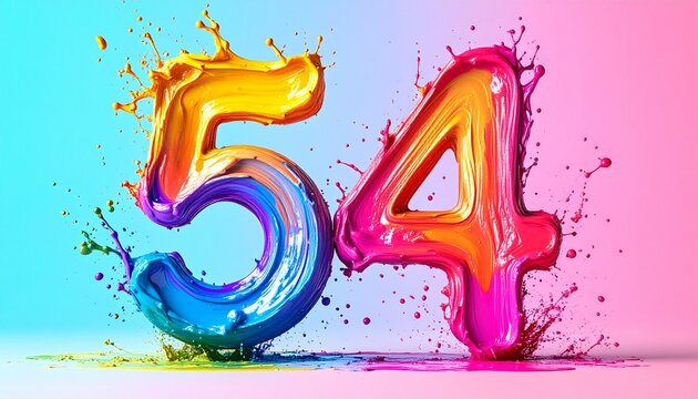 Colorful paint splashes decorate the numbers fifty four on a vibrant background.