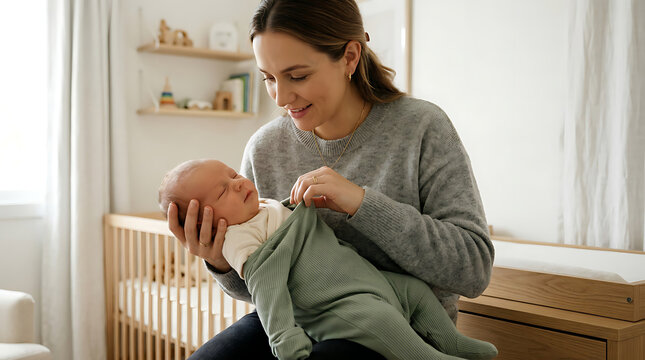 Happy Mother Looking at Sleeping Newborn Baby in Bright Nursery