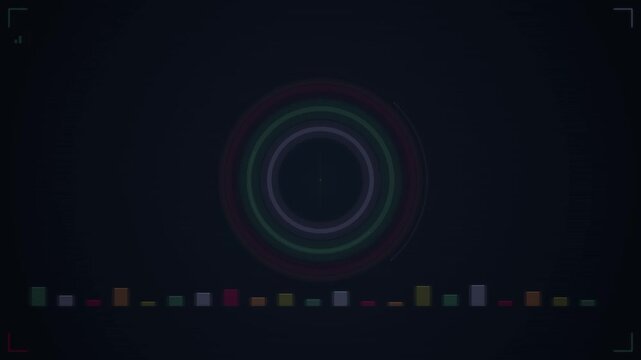 Dynamic concentric circles with colorful audio waveform visualization on a dark, futuristic tech background.